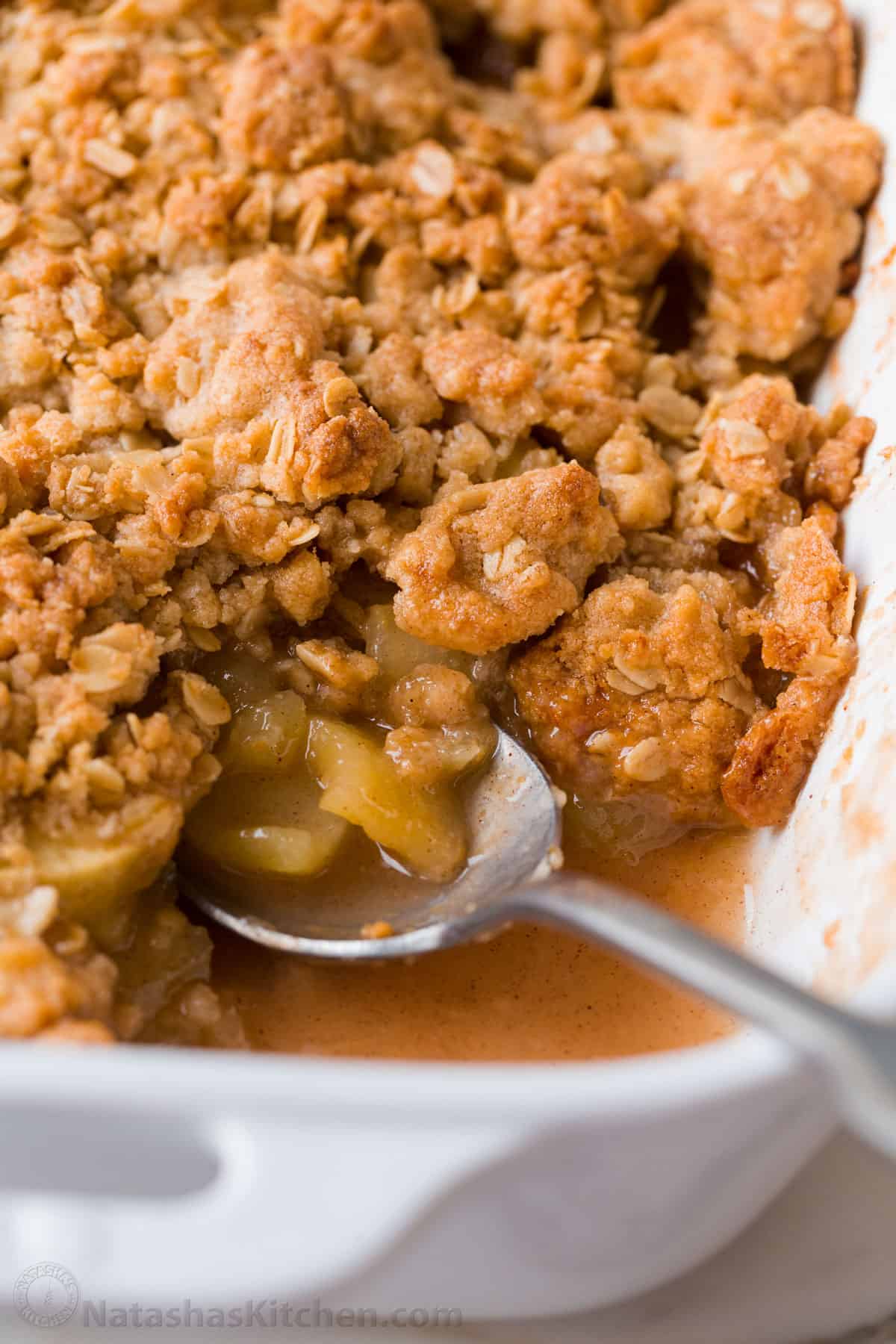 Easy Apple crisp in casserole dish with crisp topping