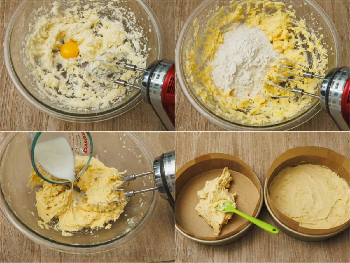 Step by step images showing how to make golden cake layers 