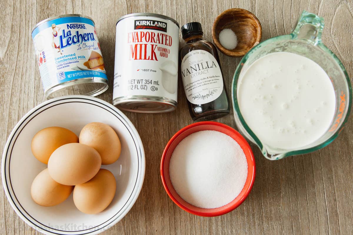 Ingredients with eggs, milk, cream, sweetened condensed milk, and vanilla