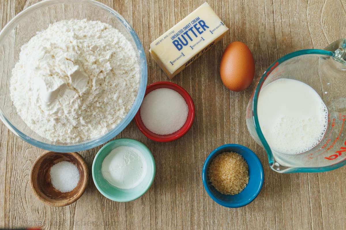 Ingredients for Scones: flour, sugar, egg, butter, baking powder, salt, heavy whipping cream