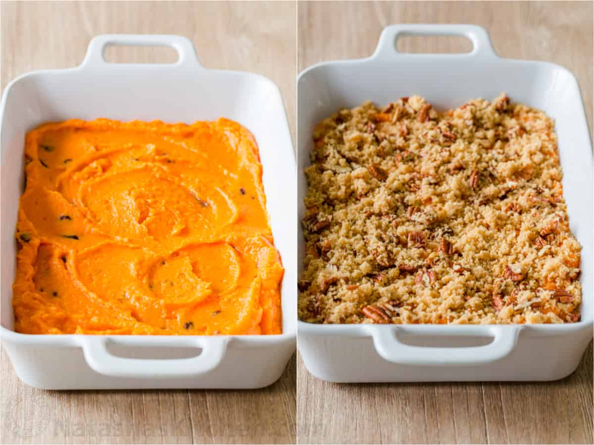 Sweet potatoes before and after topping