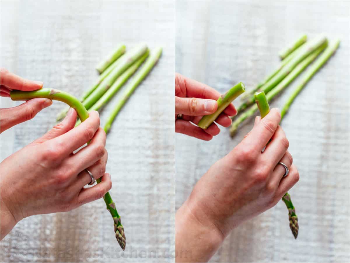 How to trim asparagus by snapping off fibrous ends