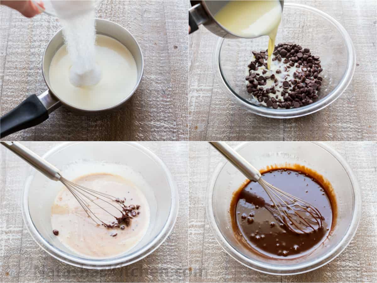Collage de photos montrant le processus de préparation de la ganache au chocolat.