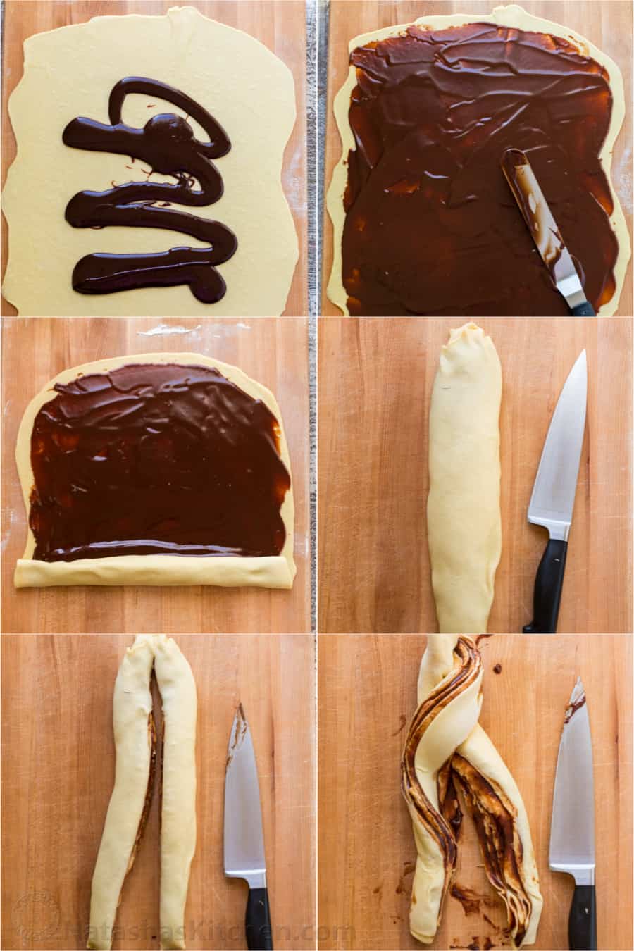 Photo collage showing how to fill, roll, and cut the dough for a chocolate babka.