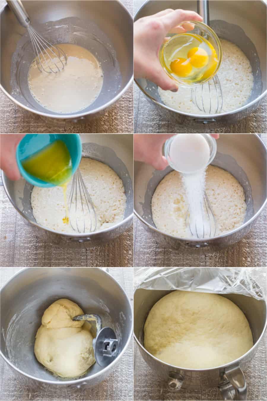 Step by step photos of the babka dough making process.