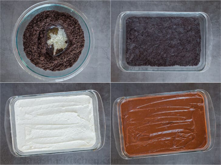Step-by-step collage on how to make homemade chocolate lasagna.