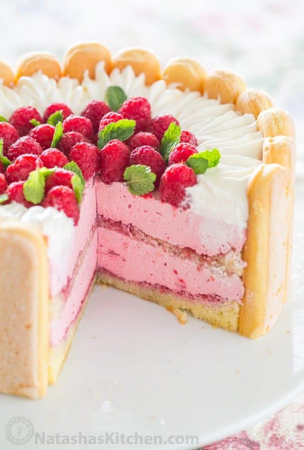 With step-by-step photos, you can master Raspberry Charlotte Russe Cake! A Charlotte Dessert with layers of raspberry mousse, ladyfingers, and fluffy cake.