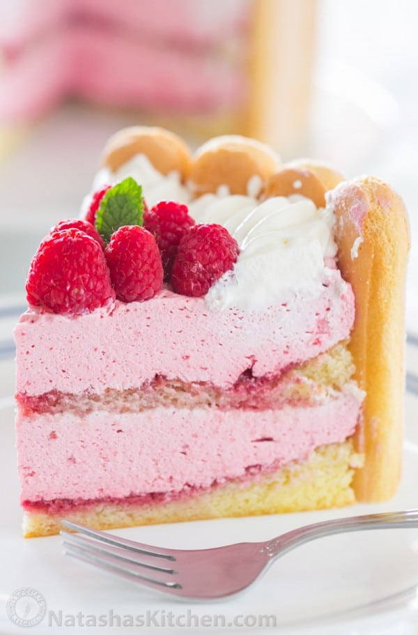 With step-by-step photos, you can master Raspberry Charlotte Russe Cake! A Charlotte Dessert with layers of raspberry mousse, lady fingers, and fluffy cake.