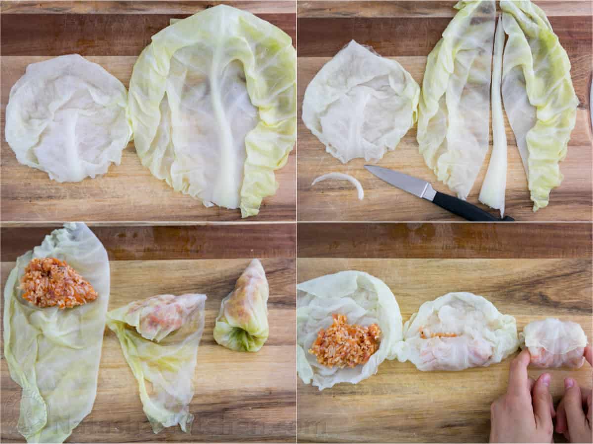 Photo collage showing how to fill and roll stuffed cabbage.
