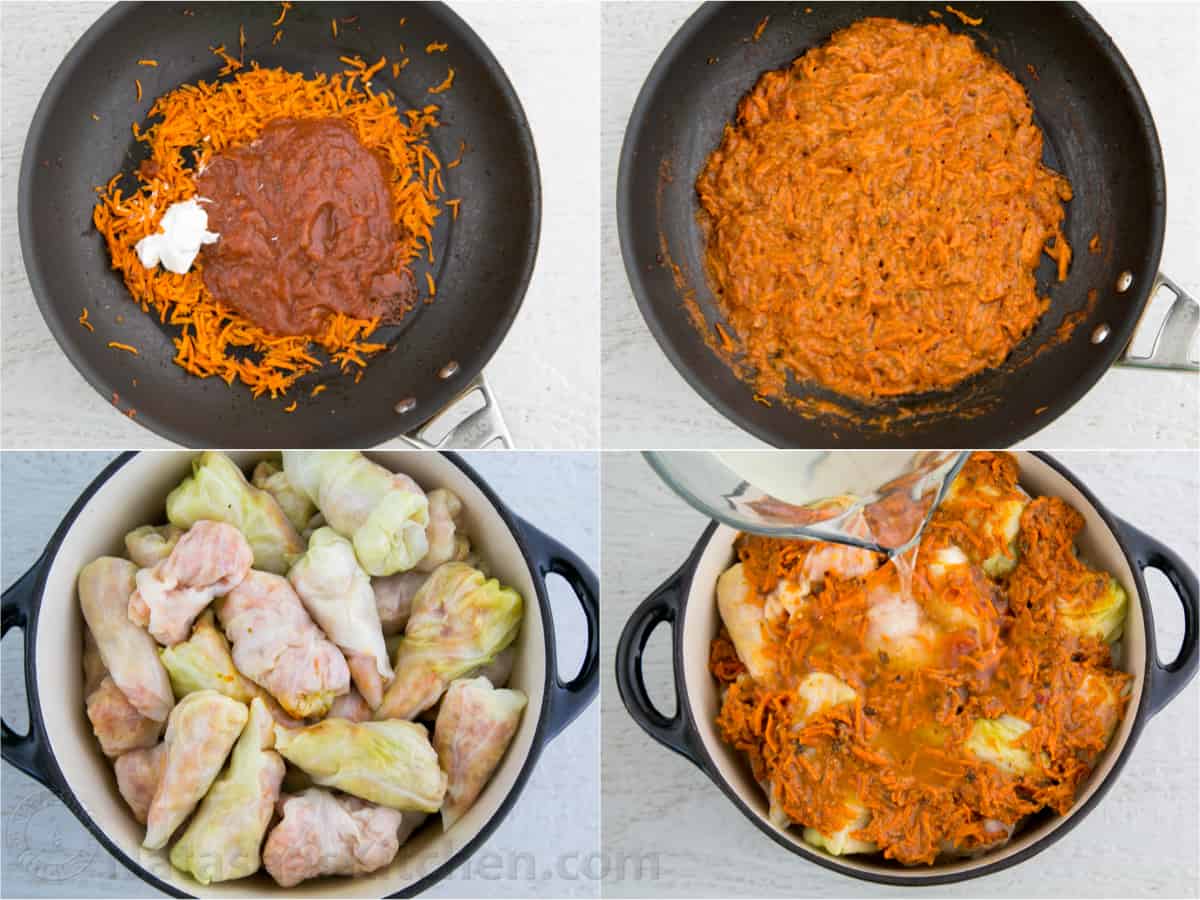 Photo collage showing how to make the sauce for stuffed cabbage rolls.