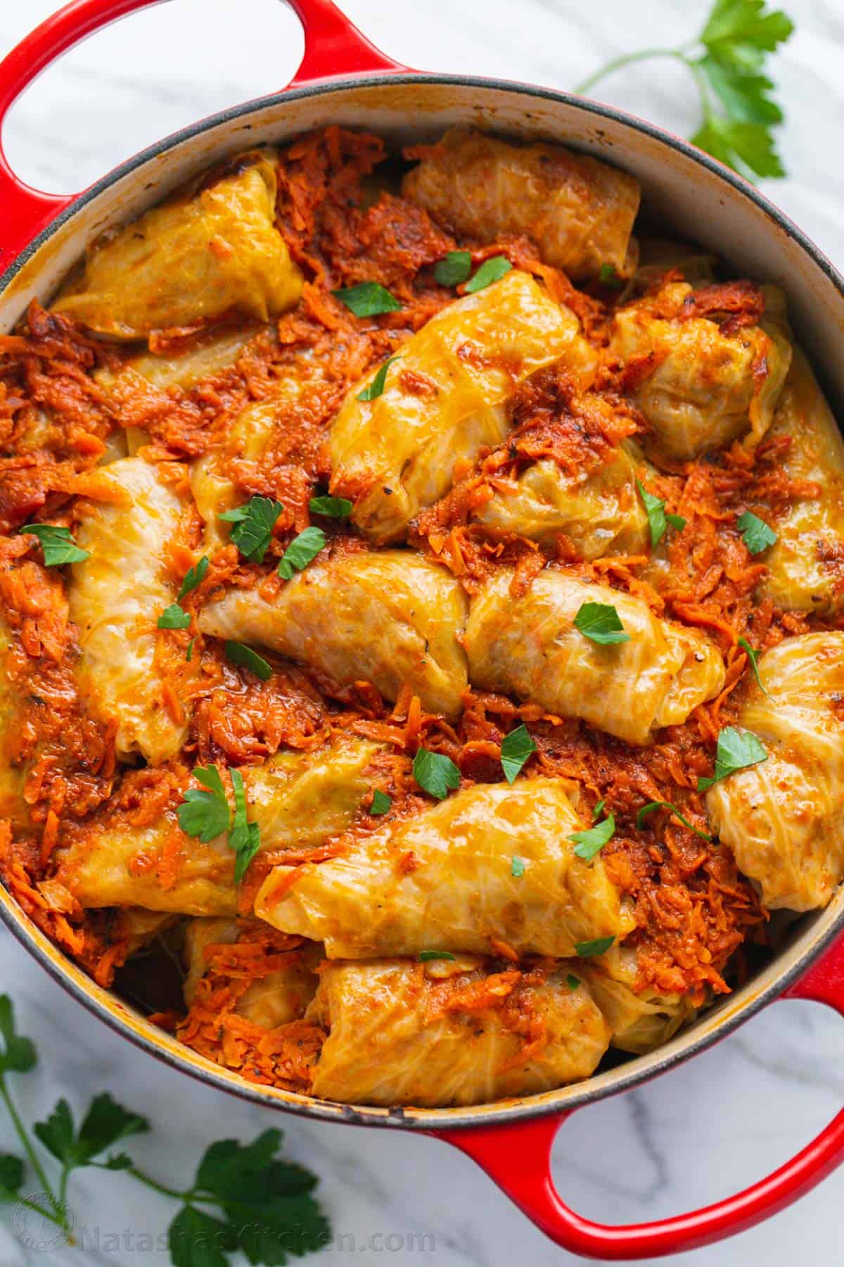 Overhead view of stuffed cabbage rolls inside a red Dutch oven, covered in Podliva sauce.