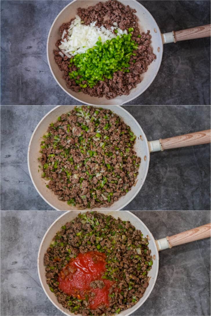 Step by step collage of how to make homemade sloppy joes from scratch.