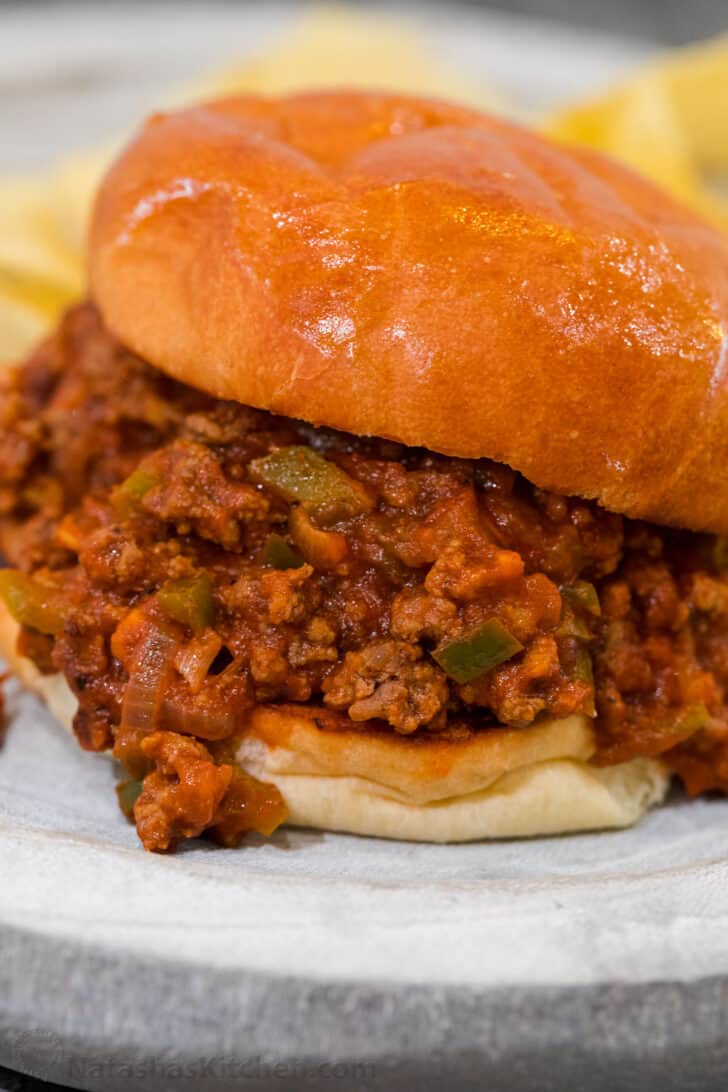 Sloppy Joes in-between toasted sandwich buns toasted to perfection.