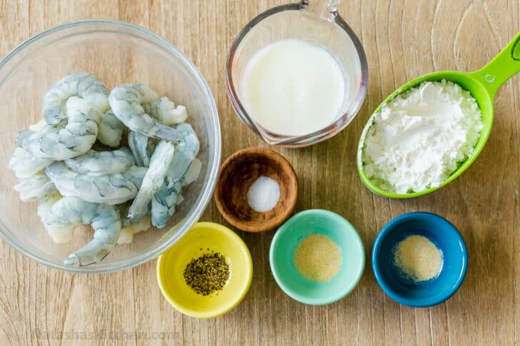 Ingredients with shrimp, buttermilk, cornstarch and seasonings