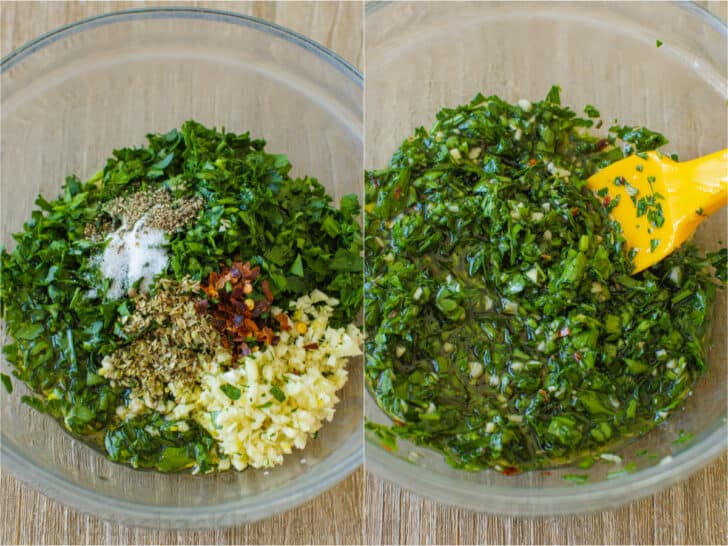Step by step how to make Chimichurri in a mixing bowl