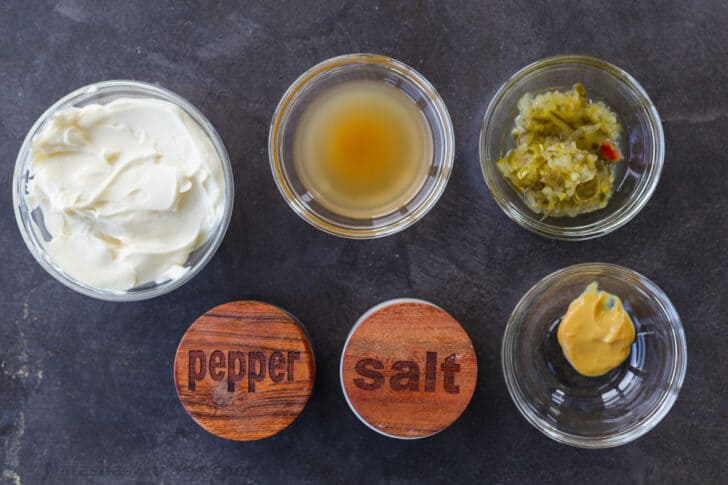 Ingredients for creamy dressing with mayo and relish