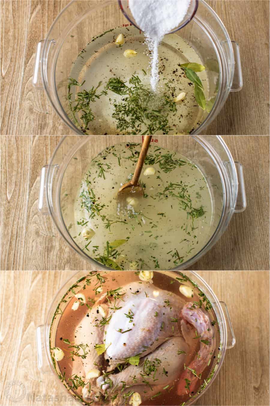 How to brine a turkey- a turkey submerged in a bucket of salted and sugared water, with herbs.