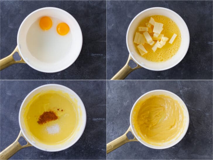 Images of step-by-step process of making hollandaise sauce
