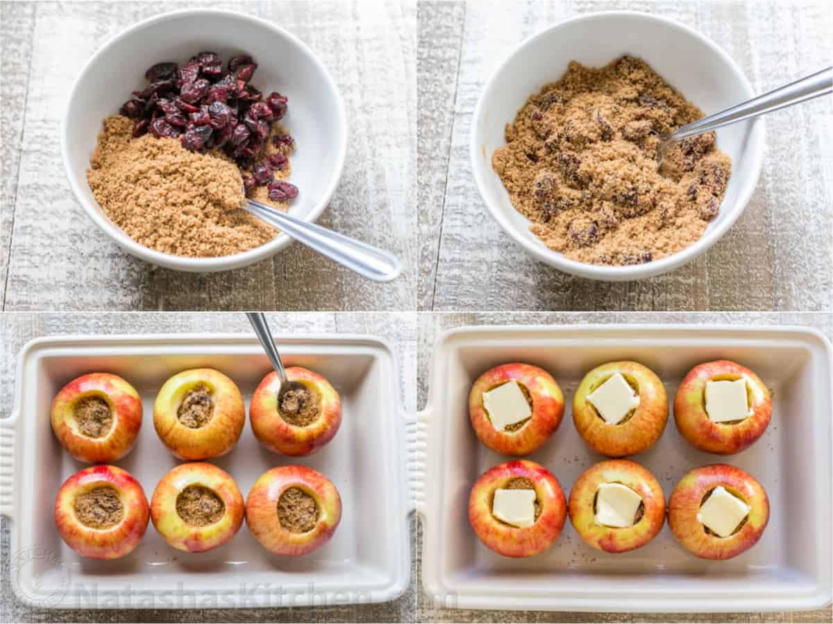 Photo collage showing how to make stuffed baked apples.