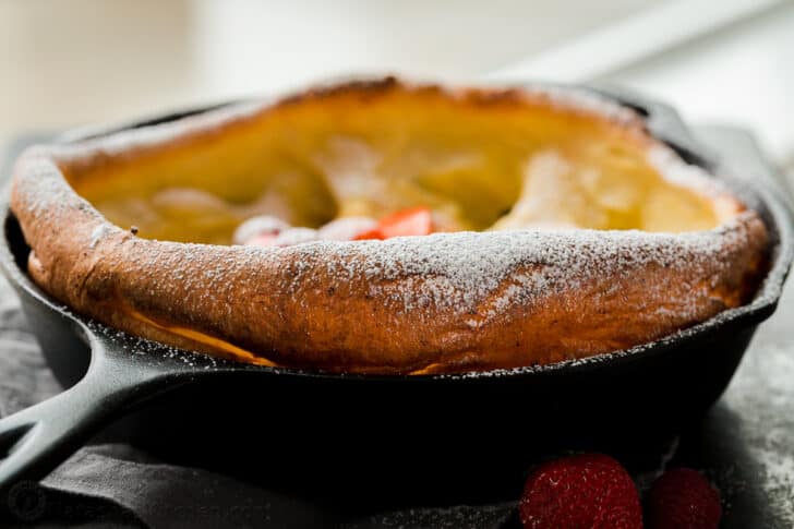 Puffed Dutch Baby in cast iron skillet