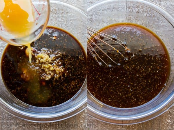 Two photos of bowls and a marinate being mixed in them