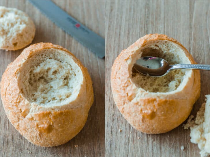 Guide to making bread bowls, including cutting out the centers