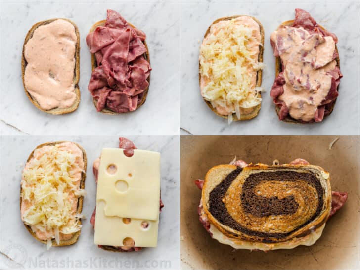 Collage étape par étape détaillé sur la façon de préparer une recette traditionnelle de sandwich Reuben.