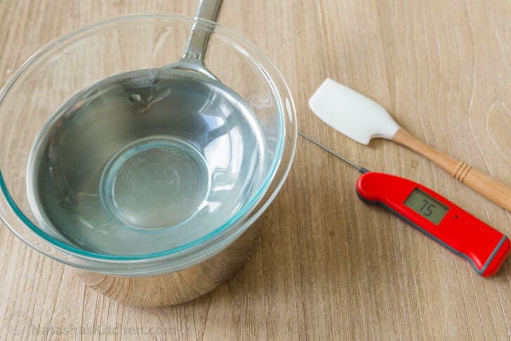 Double boiler, thermometer, and spatula