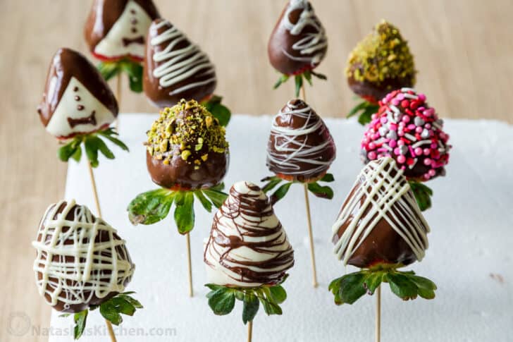 Chocolate-covered strawberries on skewers