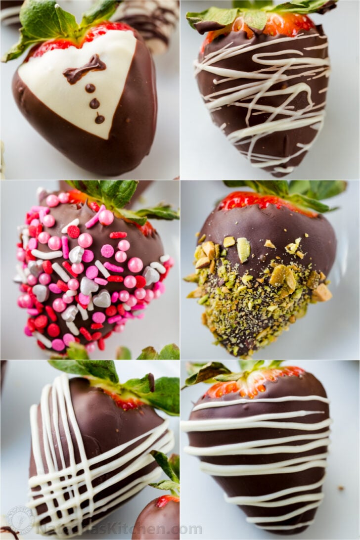Decorated chocolate-covered strawberries with tuxedo strawberries, sprinkles, and nuts