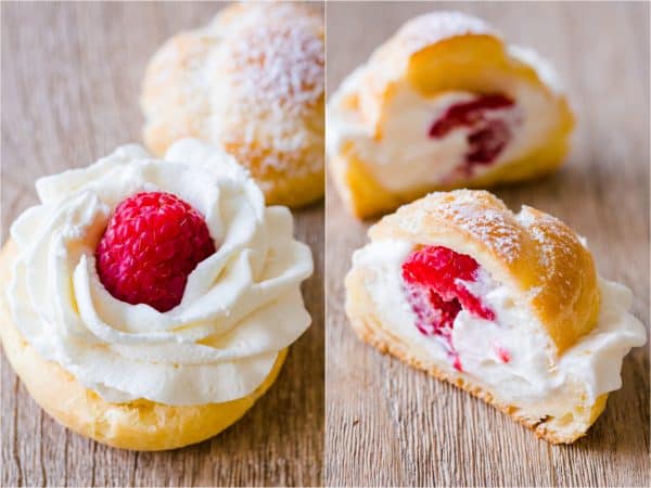 Choux Pastry shells filled with cream and raspberries