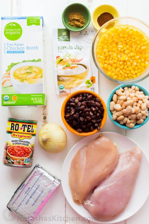 Ingredients for Instant Pot White Chicken Chili with chicken breast, white beans, cream cheese, chicken broth, ranch dressing mix