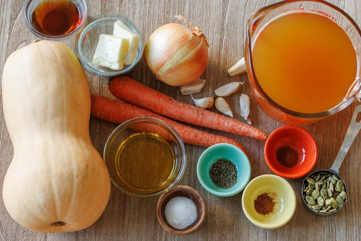 The ingredients for creamy butternut squash soup.
