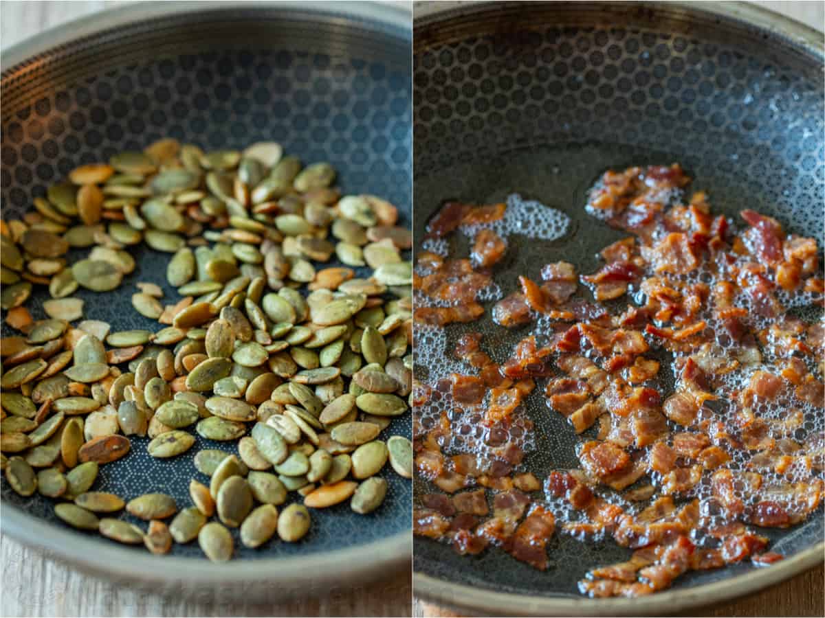 Side-by-side images of pepitas toasting in a skillet, and sautéd bacon in a skillet.