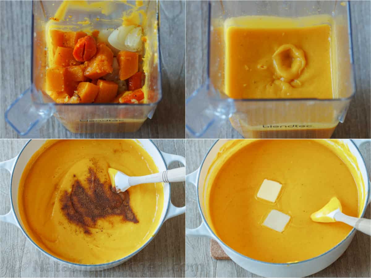 Photo collage showing how to make butternut squash soup.