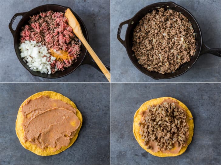 Cooking ground beef and refried beans for tostadas