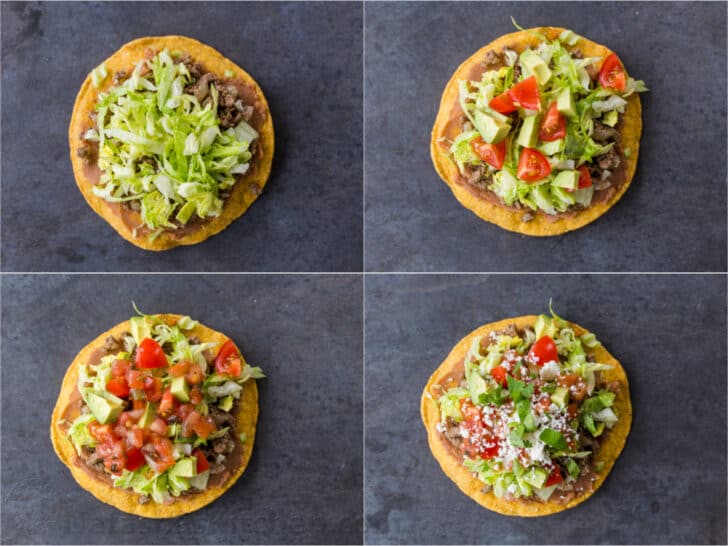 Assembling tostada with toppings
