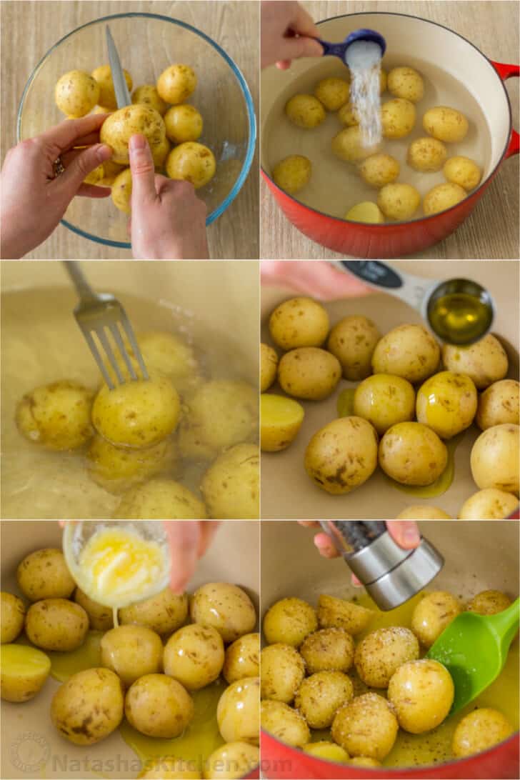 Étapes pour faire bouillir des nouvelles pommes de terre et les servir avec du beurre et de l'huile d'olive