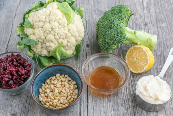 Ingredients for broccoli cauliflower salad and dressing