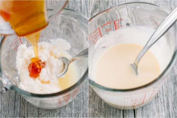 Préparation de la vinaigrette crémeuse au miel et au citron