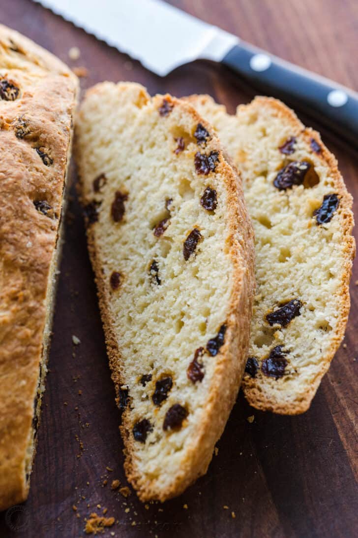 Soft sliced soda bread on cutting board