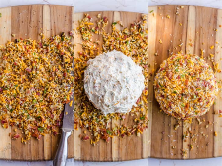 Three photos side by side, on how to make a Cheese Ball. 