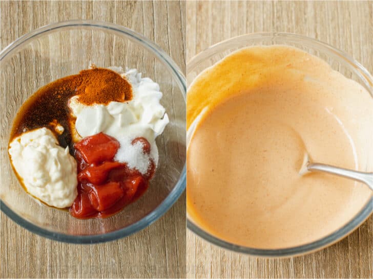 Two photos showing process of making onion ring dipping sauce