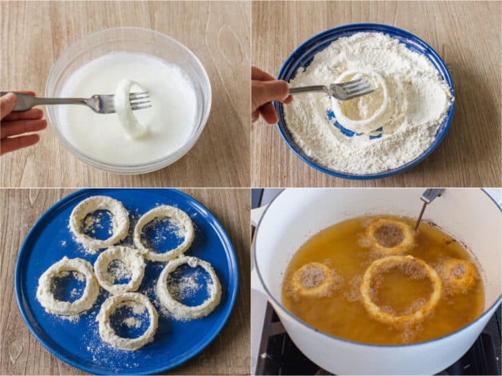 Four photos showing process of making onion rings at home