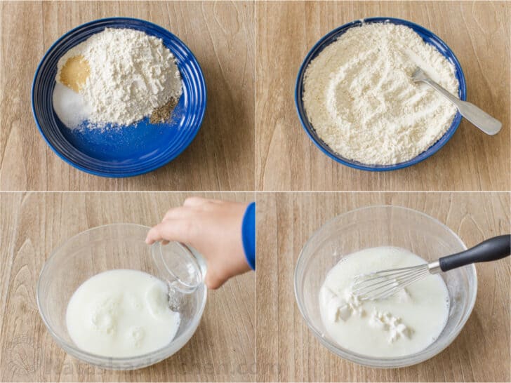 Quatre photos montrant le processus de préparation de la pâte pour frire les oignons