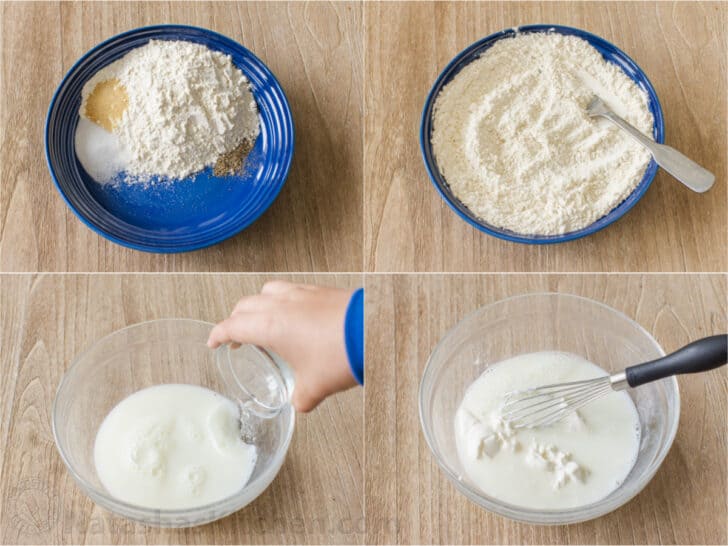 Four photos showing process of making batter for frying onion