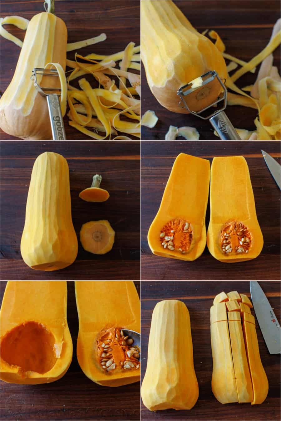 Photo collage showing how to peel and cut a butternut squash.