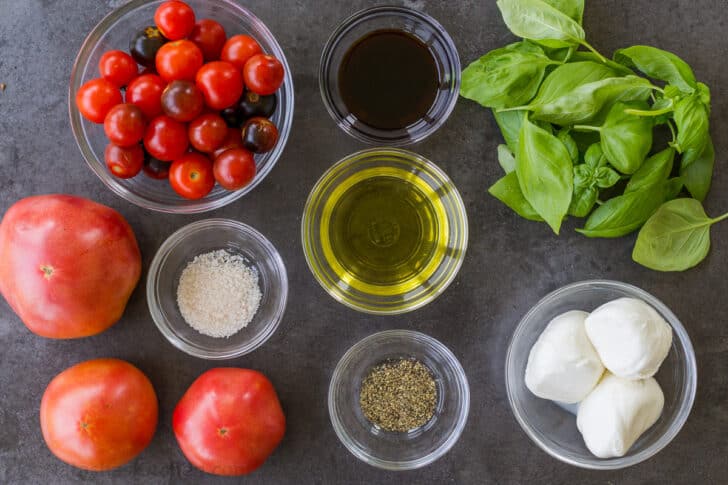 Ingredients for tomato burrata salad