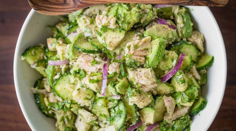 Avocado Avocado tuna salad Cilantro Cucumber ingredients Lemon Juice make-ahead olive oil Pepper Recipe red onion salad bowl Salt Tuna 