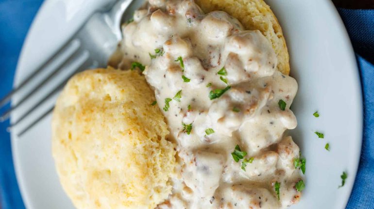 best gravy biscuit dough Biscuits and Gravy Recipe brands breakfast gathering butter Comfort Food Country gravy creamy sausage gravy crowd-pleasing Customizable flaky biscuits Flour half-and-half Homemade ingredients make make-ahead milk pork sausage. Sausage Sausage gravy Sawmill Gravy serve Simple Southern breakfast variations 